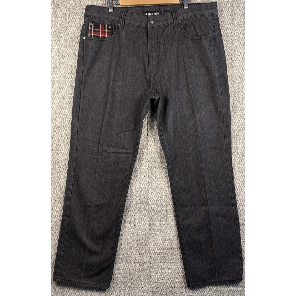 Red Ape Plaid Trim Dark Wash Jeans 40x32 Straight Leg Skater Punk Y2K